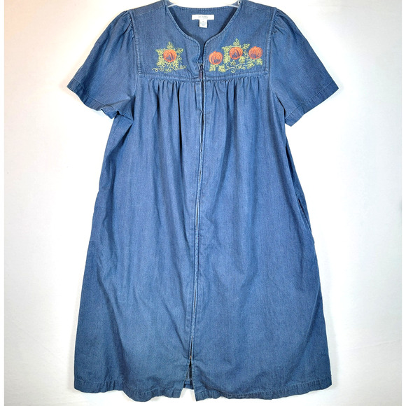 Go Softly Patio Womens Shirt Dress Size Medium Blue Pumpkin Embroidered Chambray - Picture 1 of 12